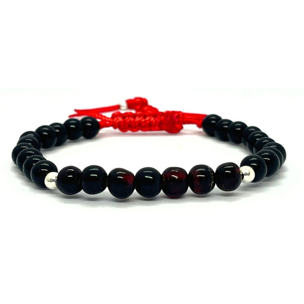 Pulsera con 7 Perlas Pequeñas de Ámbar Rojo y Ónix Negro