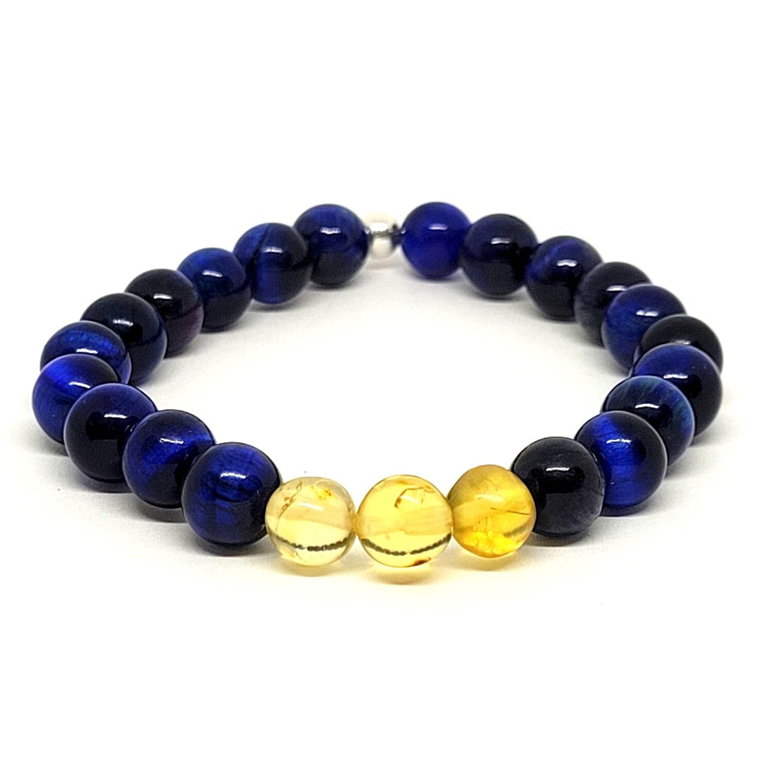 Pulsera de Ojo de Tigre Azul con Tres Perlas de Ámbar