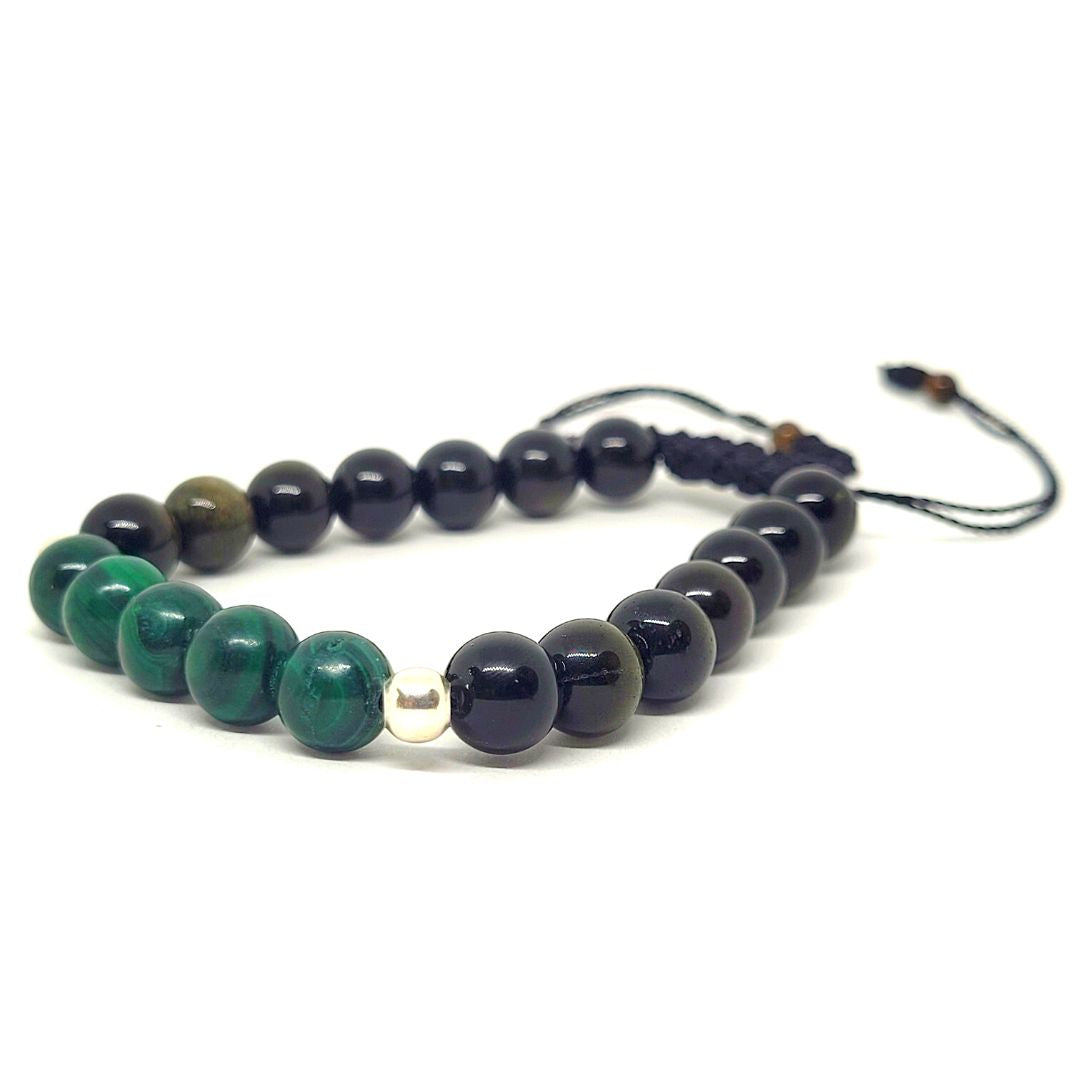 Pulsera de Malaquita Premium con Obsidiana Dorada