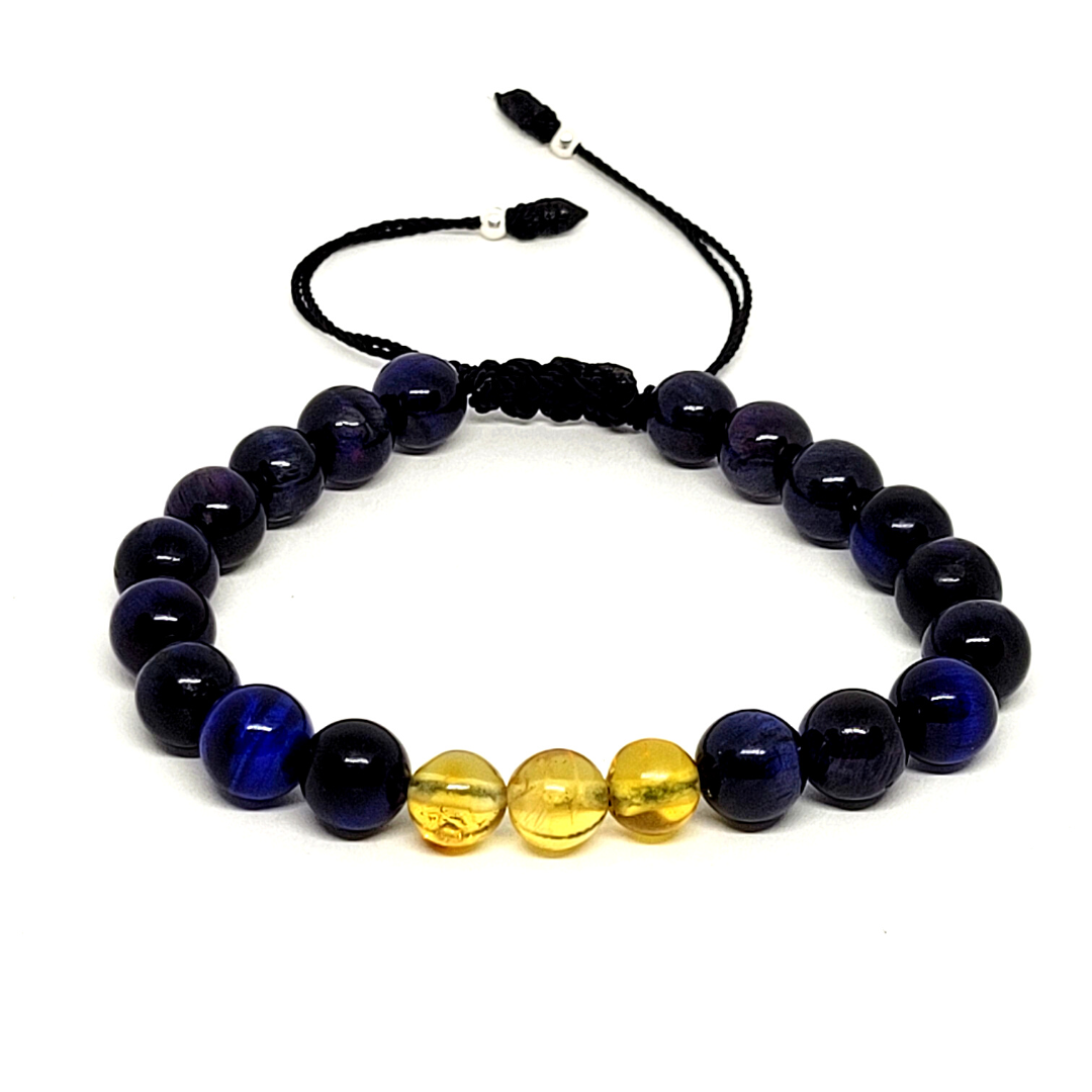 Pulsera de Ojo de Tigre Azul con Tres Perlas de Ámbar