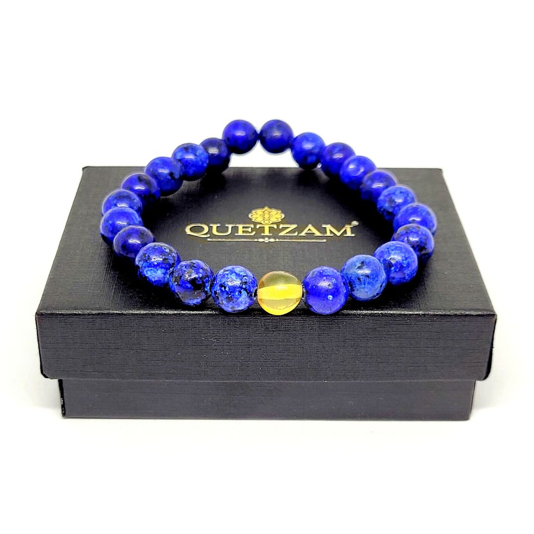 Pulsera de Lapislázuli con Una Perla de Ámbar
