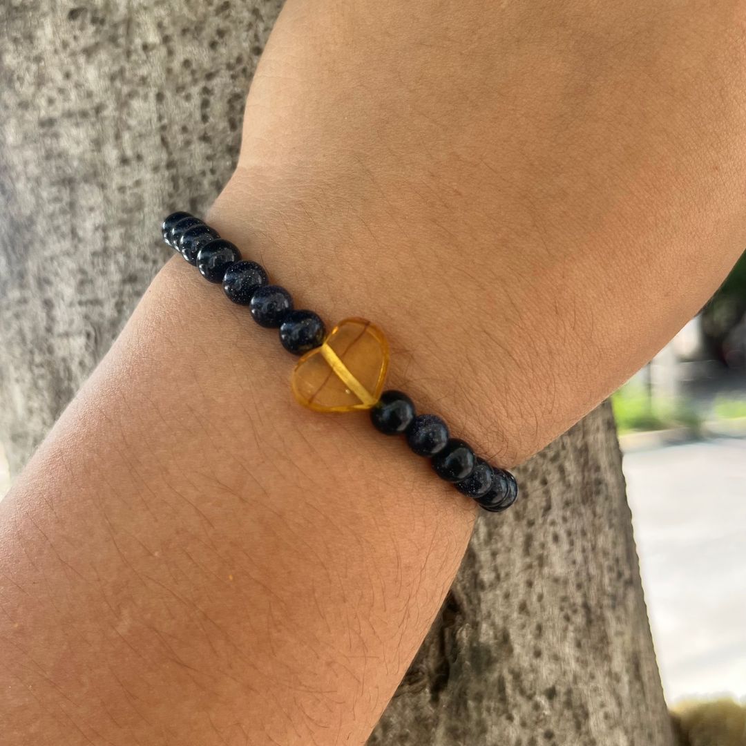 Pulsera de Ámbar de 1 Corazón y Venturina Azul